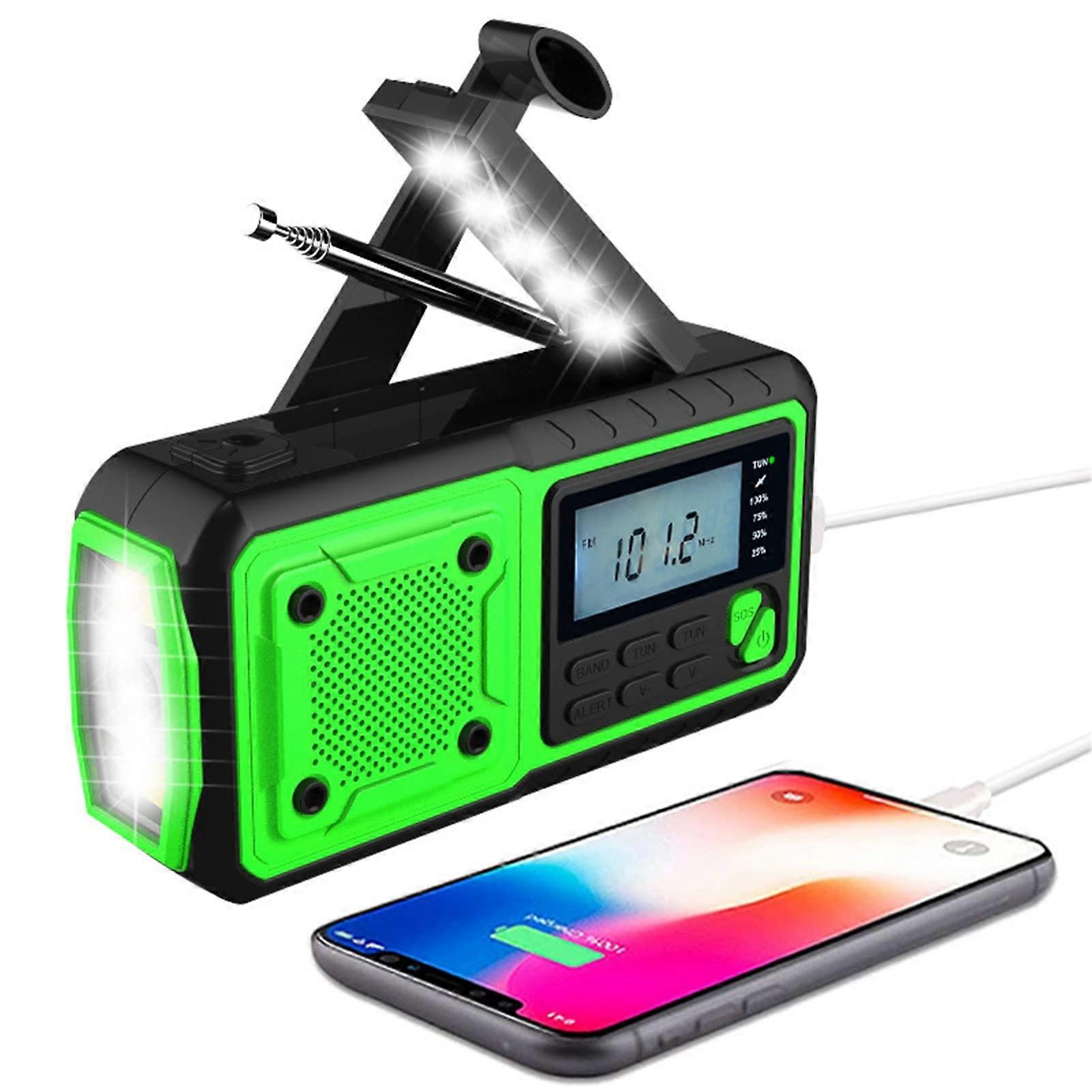 Emergency Weather Radio 4000mAh Hand Crank Solar NOAA with Flashlight SOS Alarm Reading Lamp USB Charging Green