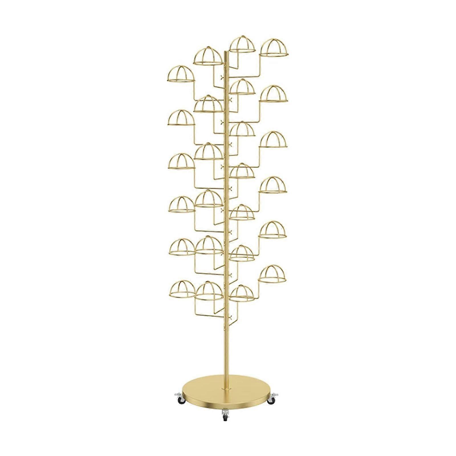 Hat Rack Stand with 30 Hat Large Capacity 360° Rotating Metal Display and Easy Moving Wheels, Gold