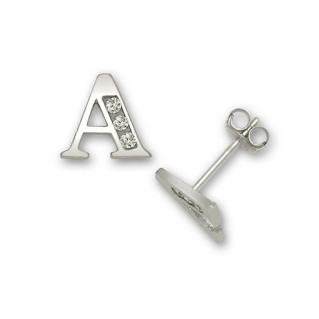 Solid 14k White Gold Channel set (A Z) Cubic Zirconia Letter Name Personalized Monogram Initial Stud Earrings-Stud Earri