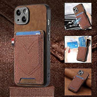 Case For Iphone 13 Brown Leather Card Holder Denim Texture Slot No3506