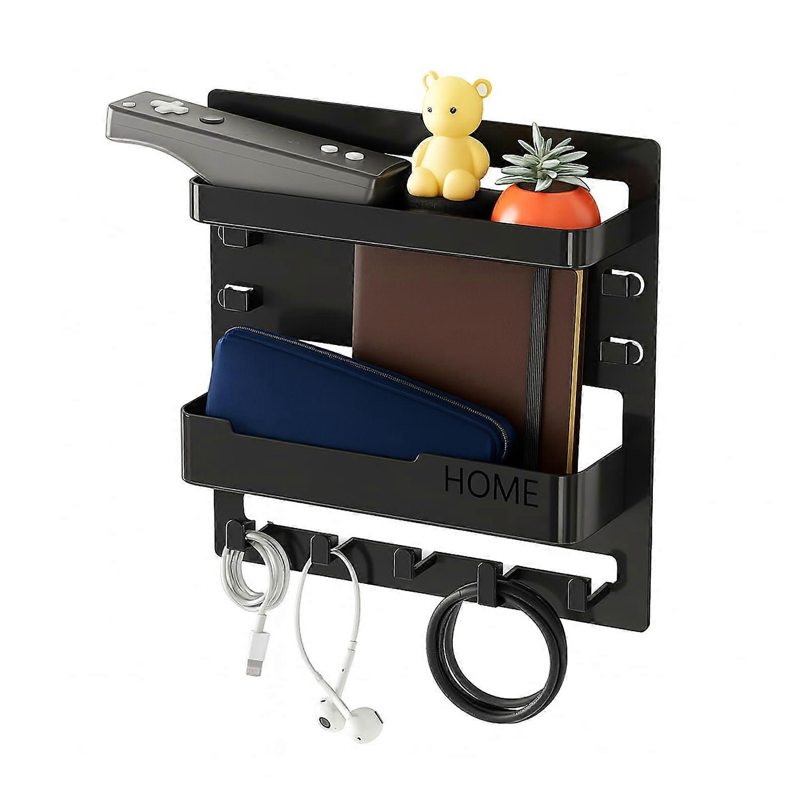 Bedside Wall Shelf with Hooks, Adhesive Wall Mounted Nightstand for SpaceSaving Bedroom Storage, Black