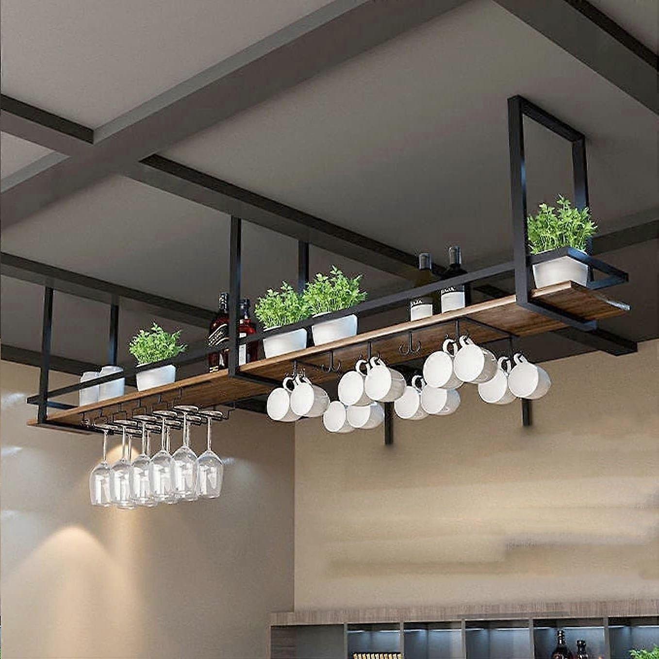 Ceiling Wine Rack Solid Wood Hanging Shelf with Glass Holder, Space Saving Storage, Modern Black Finish