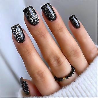 Christmas Press on Nails Set Black Snowflake Full Cover Medium Square 12 Sizes Reusable Kit