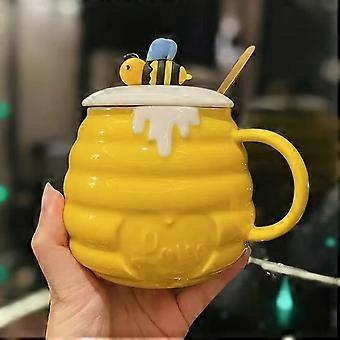 400ml Bee Mug Cute 3D Relief Ceramic Cup Creative Kitchen Office Coffee Milk Tea Cup with Cover and Spoon (Deep Yellow 1)