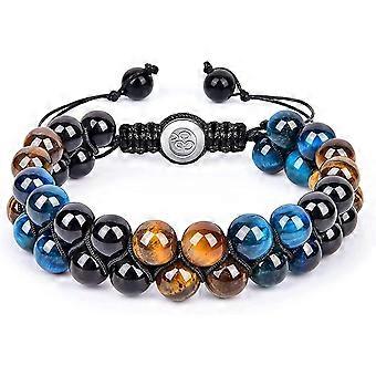 Double Protection Bracelet, 8mm 10mm Natural Stone Beads Obsidian Tiger Eye Hematite, Double Layer Hand Healing Crystal Stretch Bracelet,protection Br