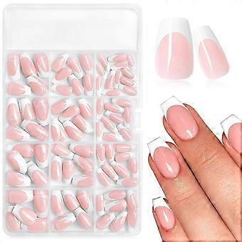 240pcs Medium Coffin French Tip Press On Nails Kit, Nude Pink Acrylic Fake Nails for Women
