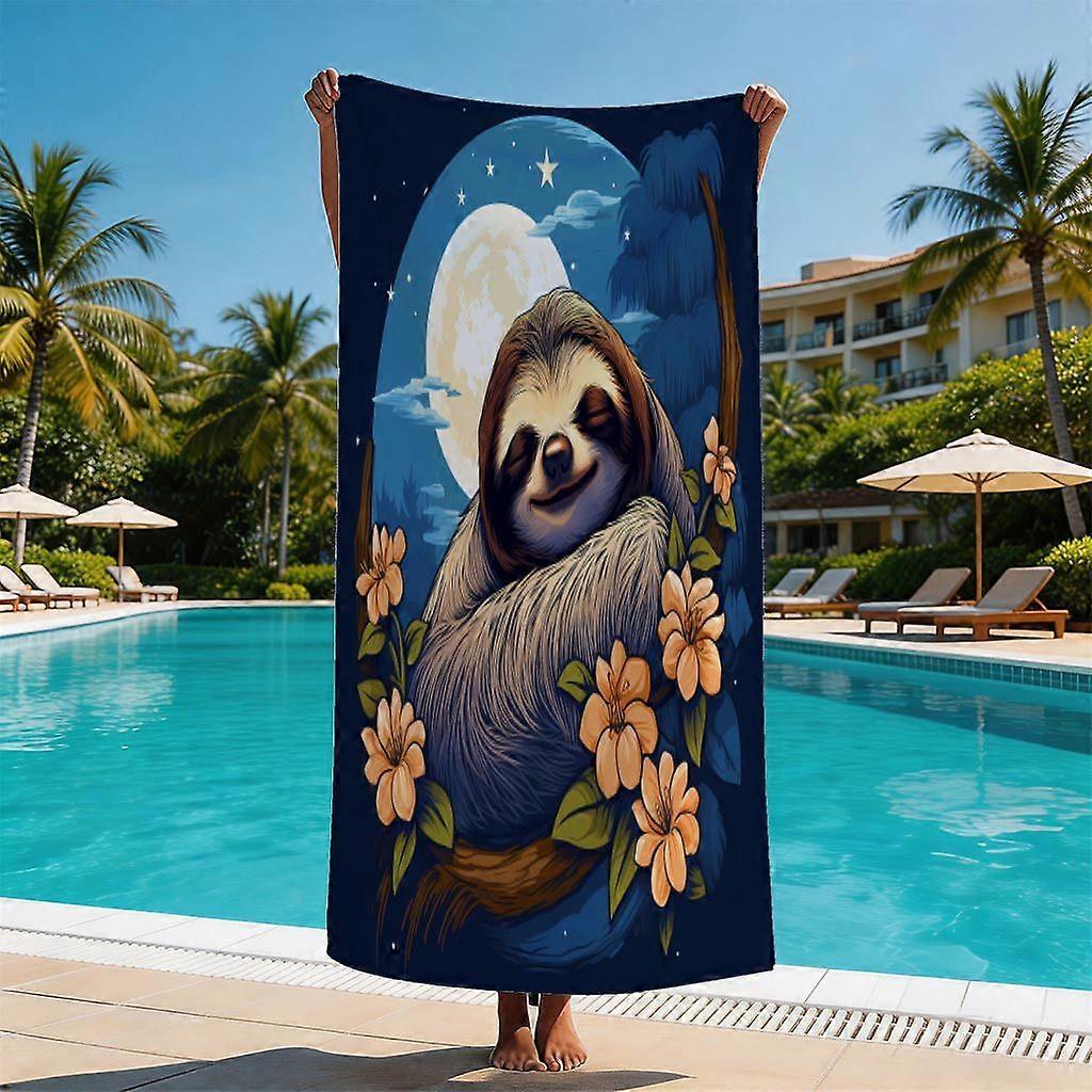 Serviette de plage imprimée paresseux sous la lune, avec guirlande tropicale et ciel étoilé. Idéale pour l'extérieur. - Hasyg
