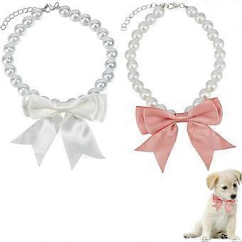 2pcs Pet Necklace Cat Pearl Bowknot Teddy Collar Pearl Jewelry Adjustable Cat Necklace Collar with Ribbon Bow Tie Wedding Pet Accessories Ornaments