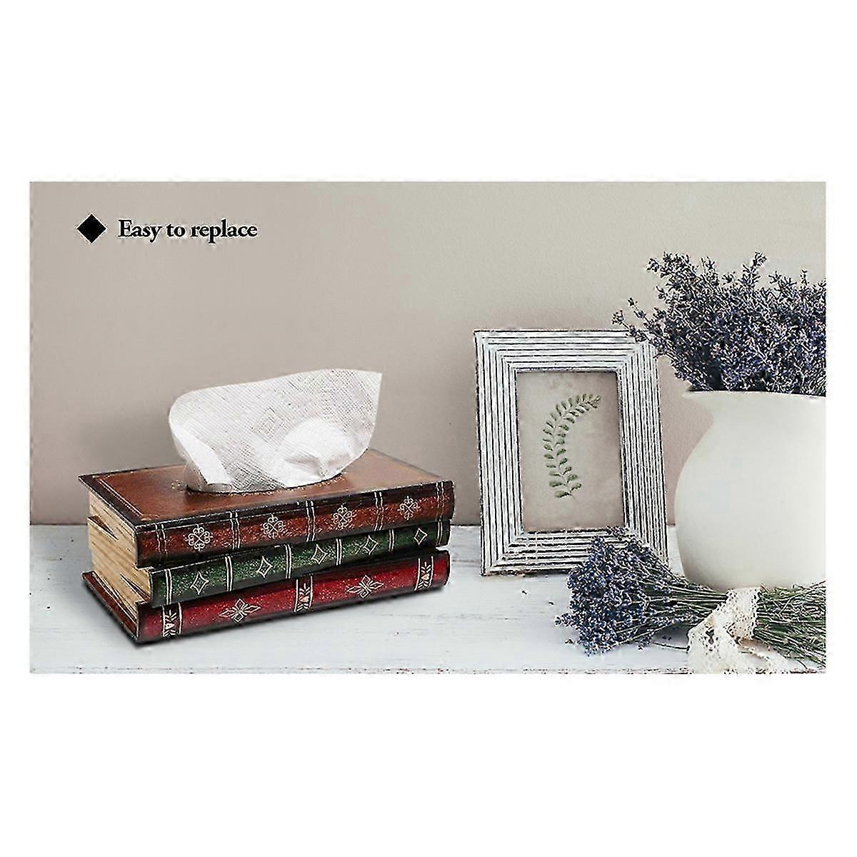 Vintage Stacked Books Design Solid Wood Tissue Box Holder Rectangular With Easy Refill Hinged Top,red