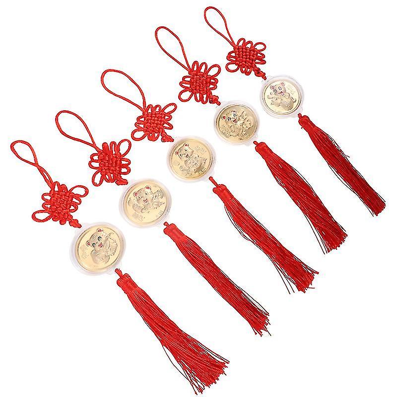 28X4.5cm Colorful Vehicle Rear View Mirror Ornaments 5pcs Year Of Tiger Hanging Coin Pendants Chines