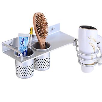 Wandmontage hangende haardrogerhouder Organizer, multifunctioneel aluminium haardrogerrek en 2 opbergbekers