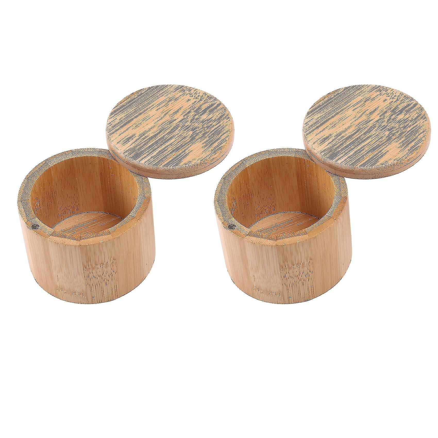 2 Pieces Bamboo Salt And Spice Storage Box With Magnetic Swivel Lid Round Bamboo Pepper Box Bamboo