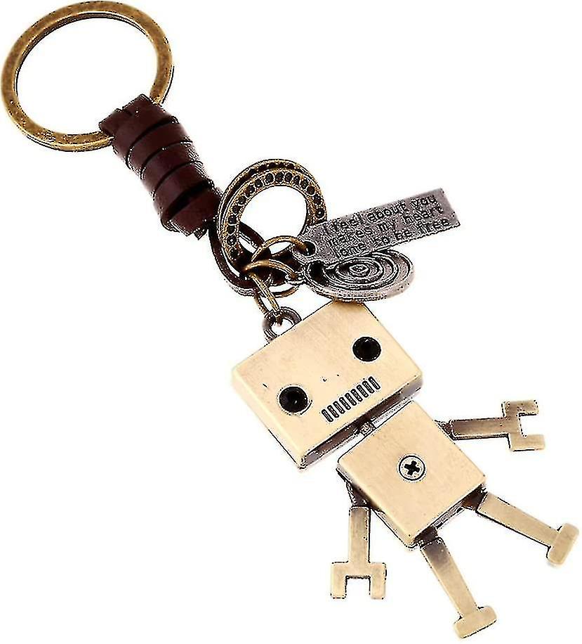 Hand-woven Leather Keychain Creative Movable Alloy Robot Keyring Pendant Car Key Chain