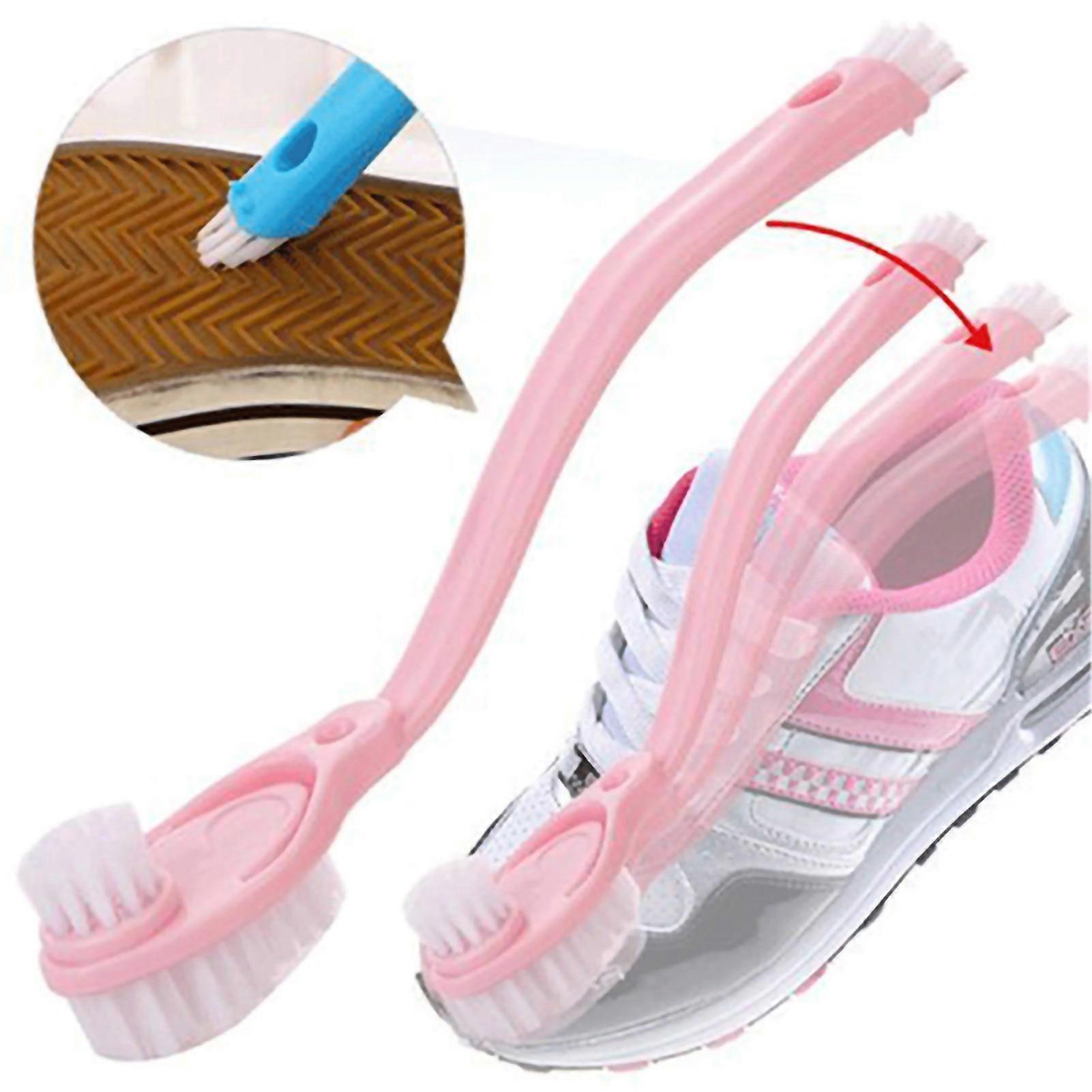Double Sided Long Handle Shoe Brush Cleaner Bow Shape Long Handle Multifunctional Cleaning Brush with Scraping Nails Pink