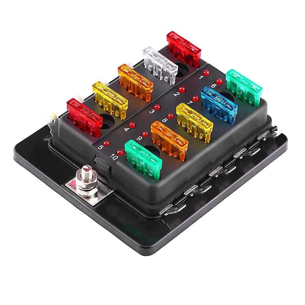 10-Way Blade Fuse Box with LED Indicator - Easy Identification & Installation