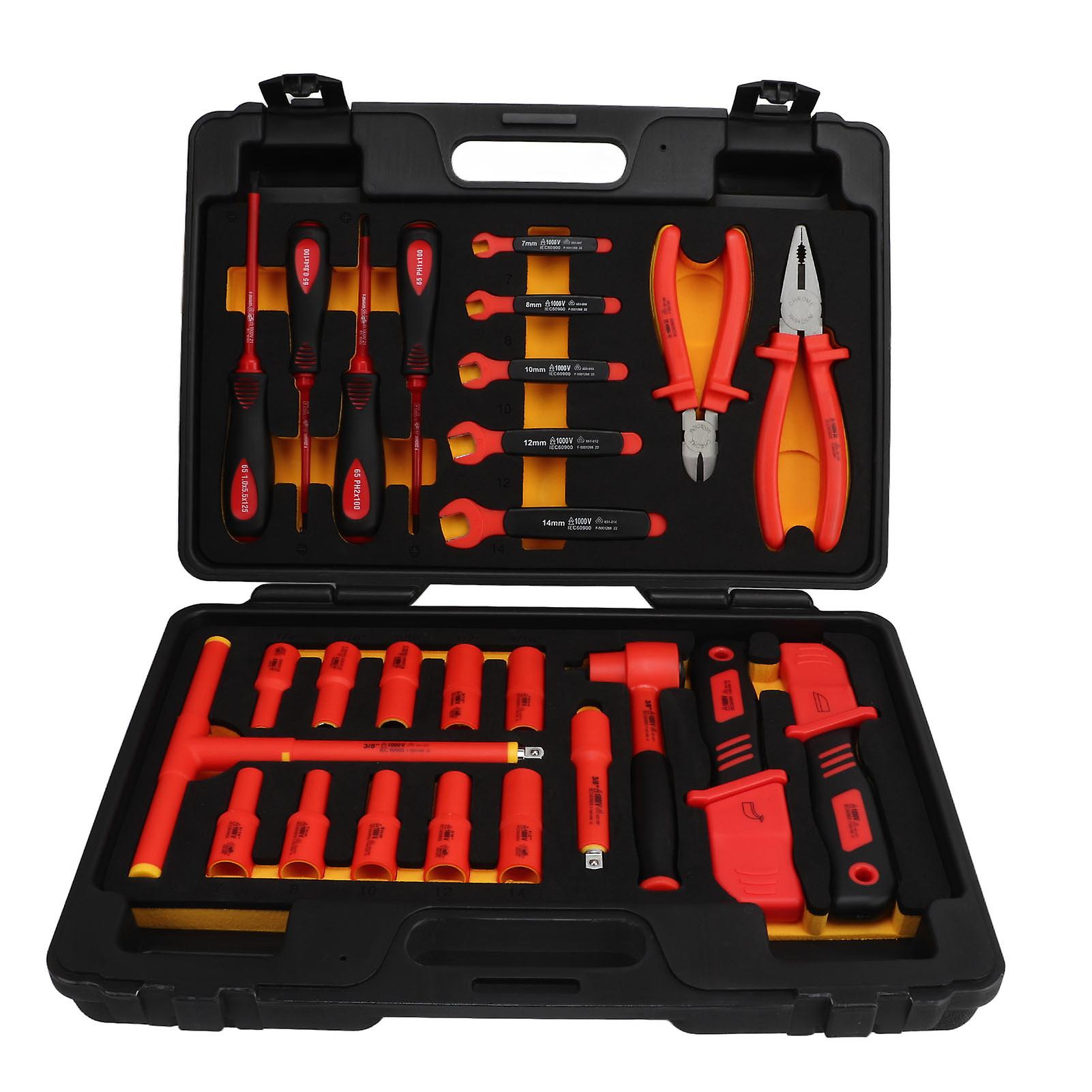 Insulated Vehicle Maintenance Tool Set,26 Pcs 1000V Insulated Insulated Socket Ratchet Bits Set Drive Socket Ratchet Wrench Set Solid Performance