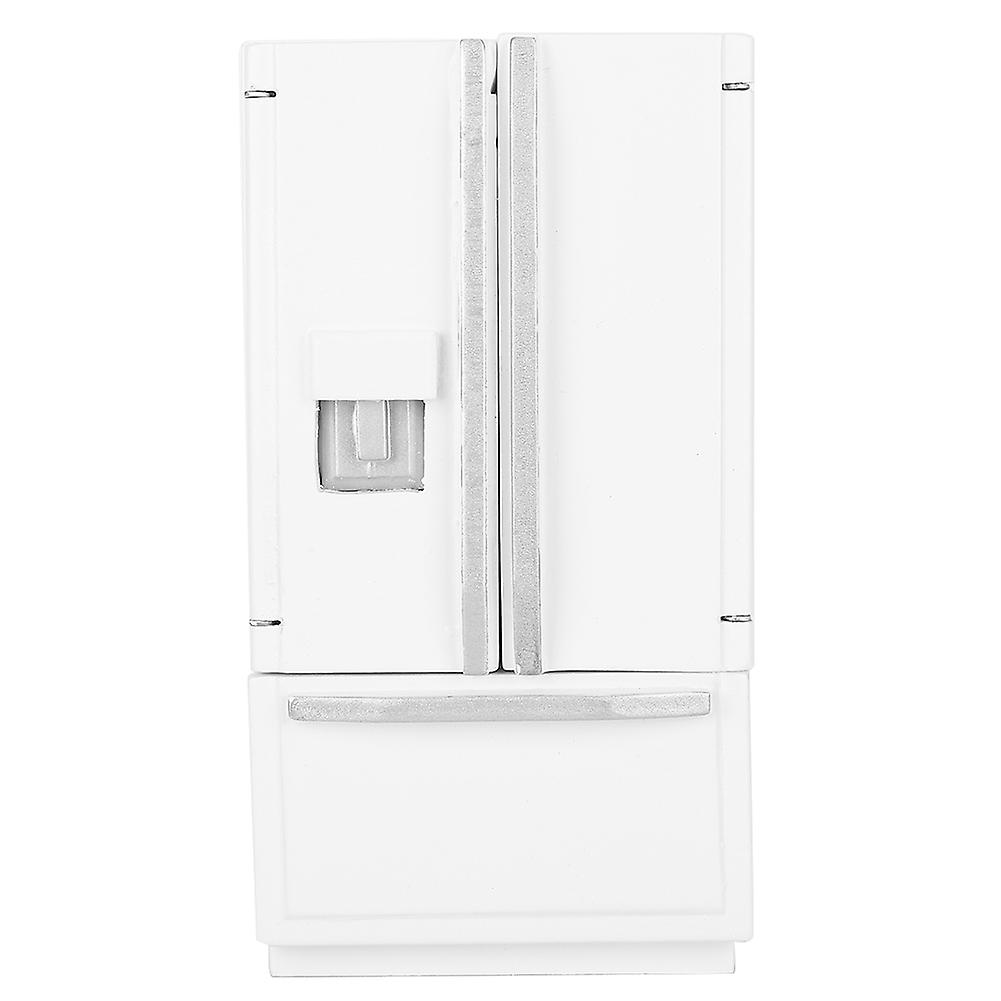 Miniature Birch Wood Double Door Double Deck Refrigerator Simulation Model for Doorhouse White with Silver Trim 1:12 Scale