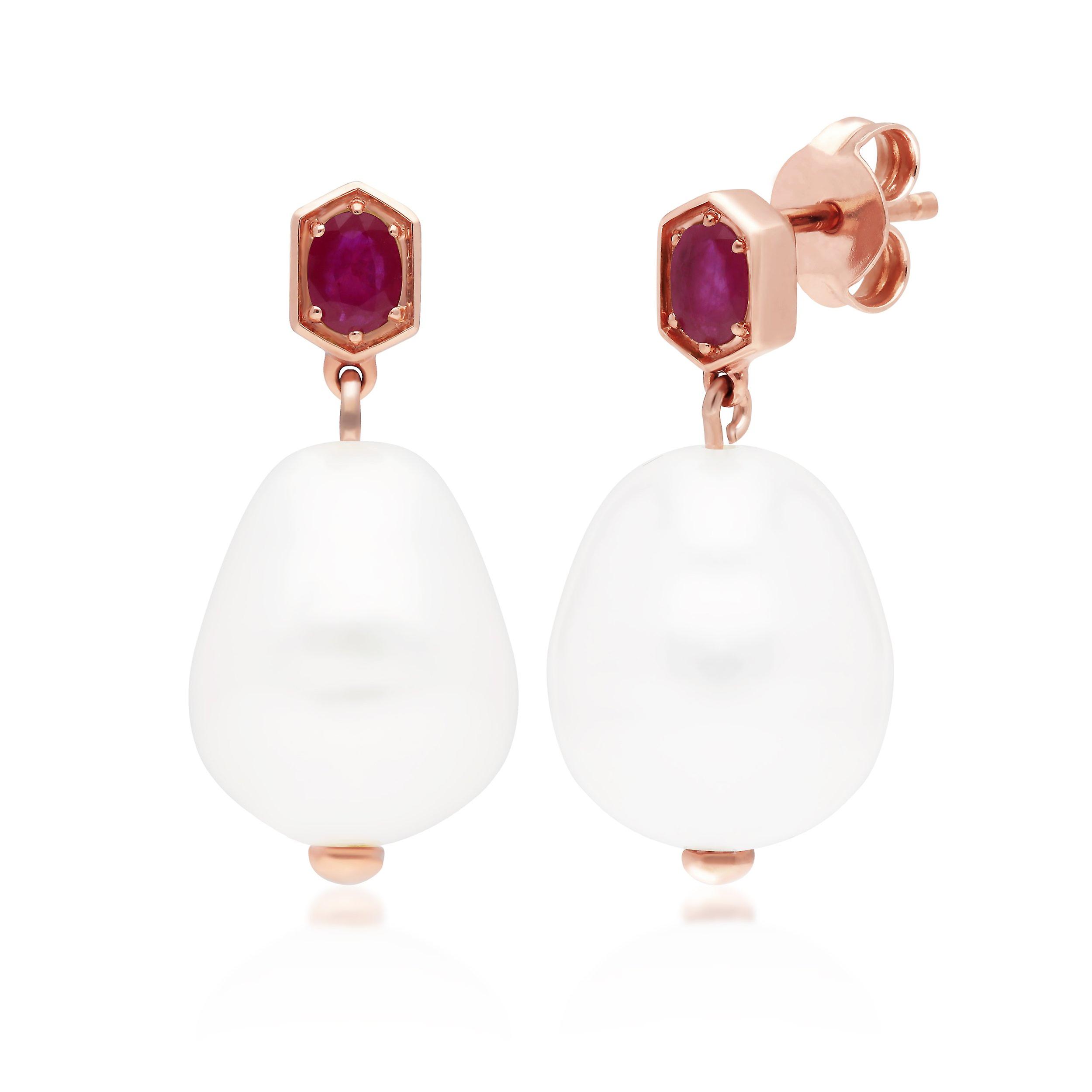 Modern Baroque Pearl & Ruby Drop Earrings in Rose Gold Plated Sterling Silver 270E030502925