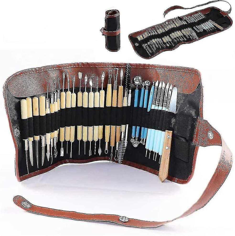31 Pieces Carving Tools Set With Roll Up Case, Wooden Pottery Sculpting Tools 22 Pieces + Ceramic Clay Indentation Tools