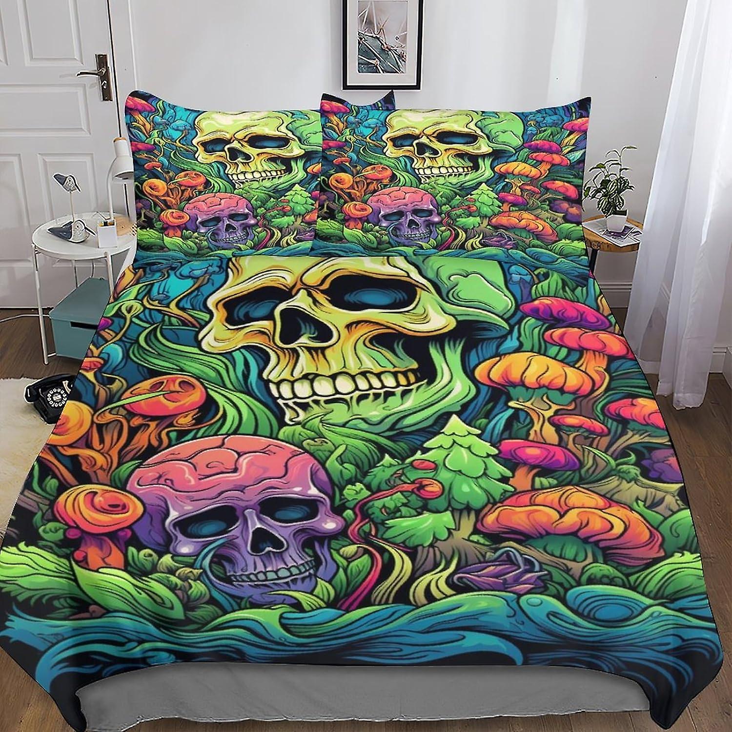 VCLUST Fiori Teschio Copripiumino Set Biancheria Da Letto Set 3 Pezzi Evil Scheletro Trapunta Copripiumino In Poliestere Microfibra Con Chiusura A Cerniera Federa