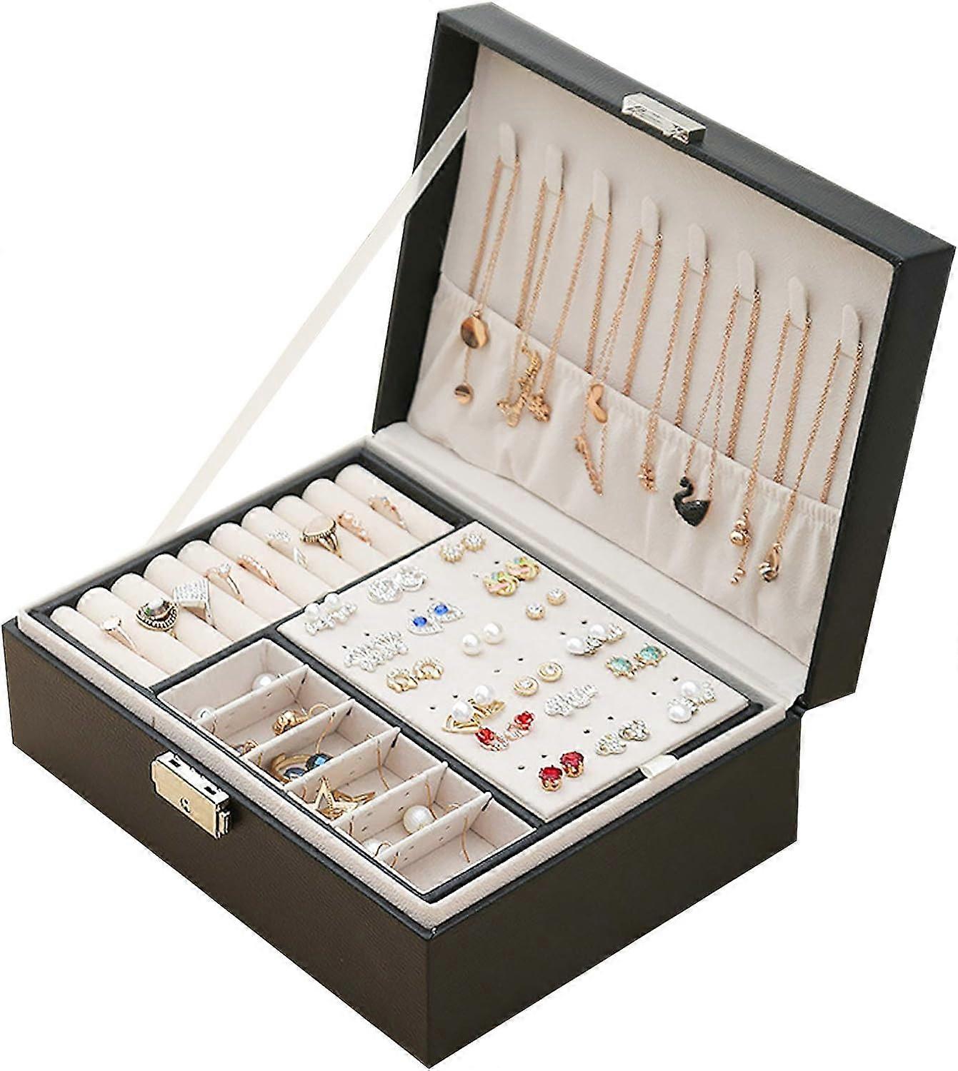 Double-layer Lockable Jewelry Box Pu Leather Removable Partition