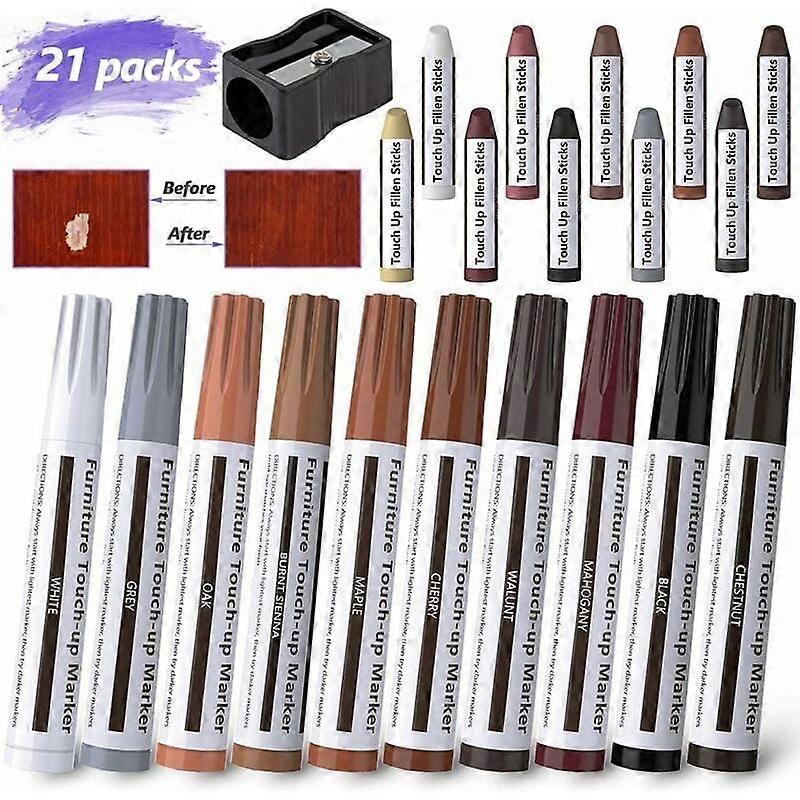 21 Pcs Furniture Touch Up Pens Multi-Purpose Felt Tip Marker Pen Kit for Stains, Scratches, Wood Floors, Tables with Sharpener