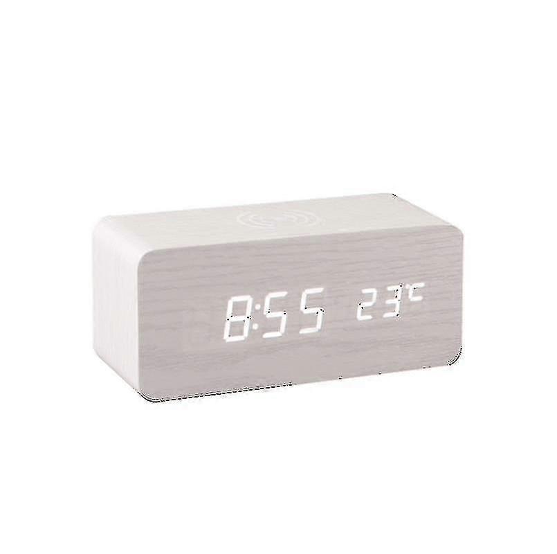 Wooden Digital Alarm Clock Wireless Charging With Date Temperature Humidity