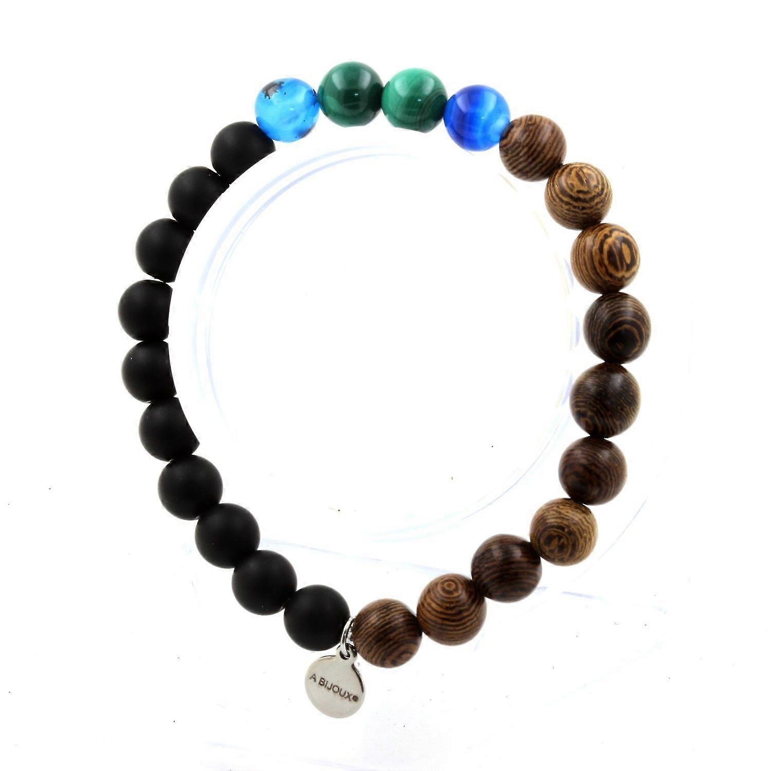 Congo Malachite Bead Bracelet + Blue Banded Agate + Matte Black Onyx + Wood 8 mm