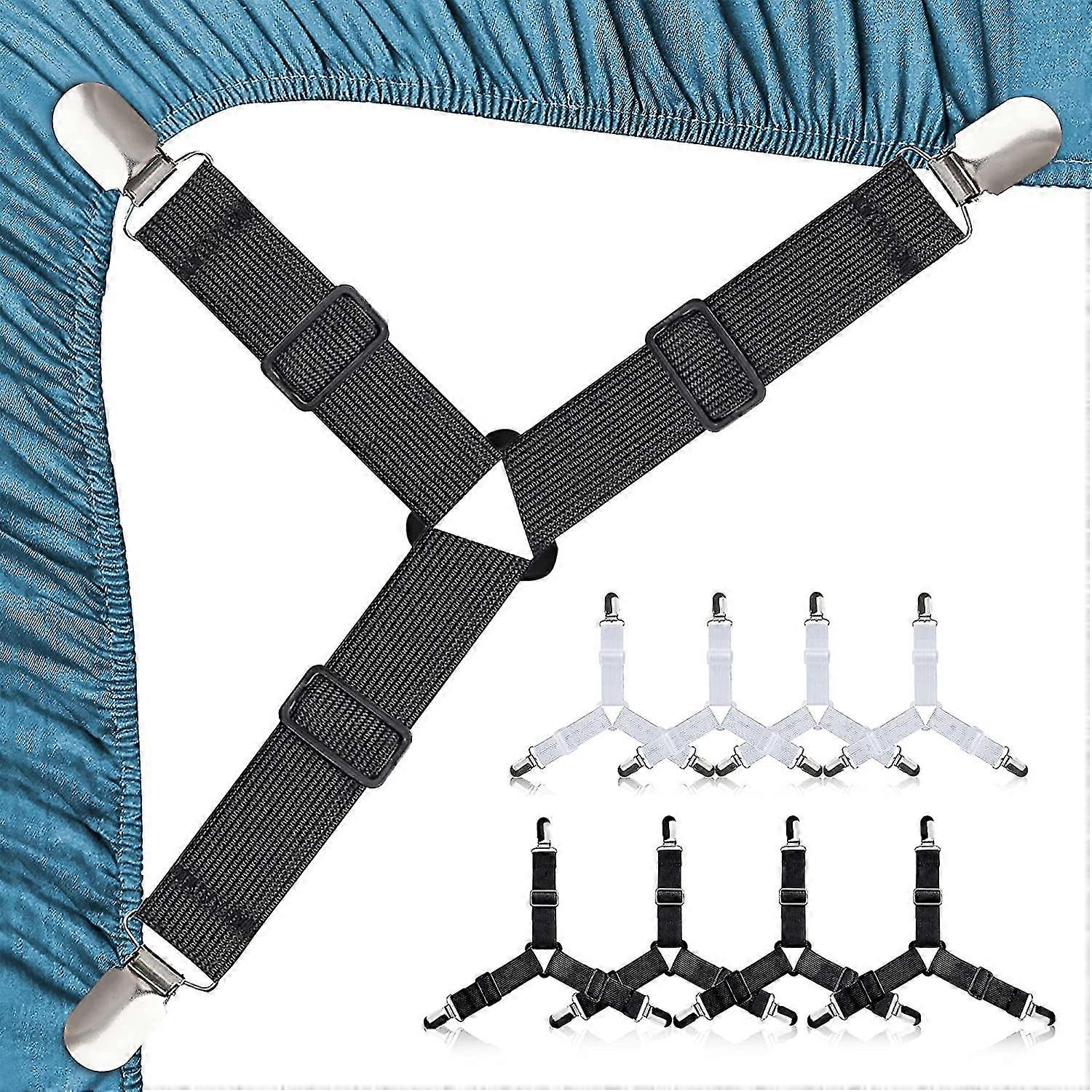 Bed Sheet Straps,8pcs Adjustable Elastic Bed Sheet Holder With Strong Heavy Mattress Clip,easy To Install Sheet Clips For Bedding Fasteners(white+blac