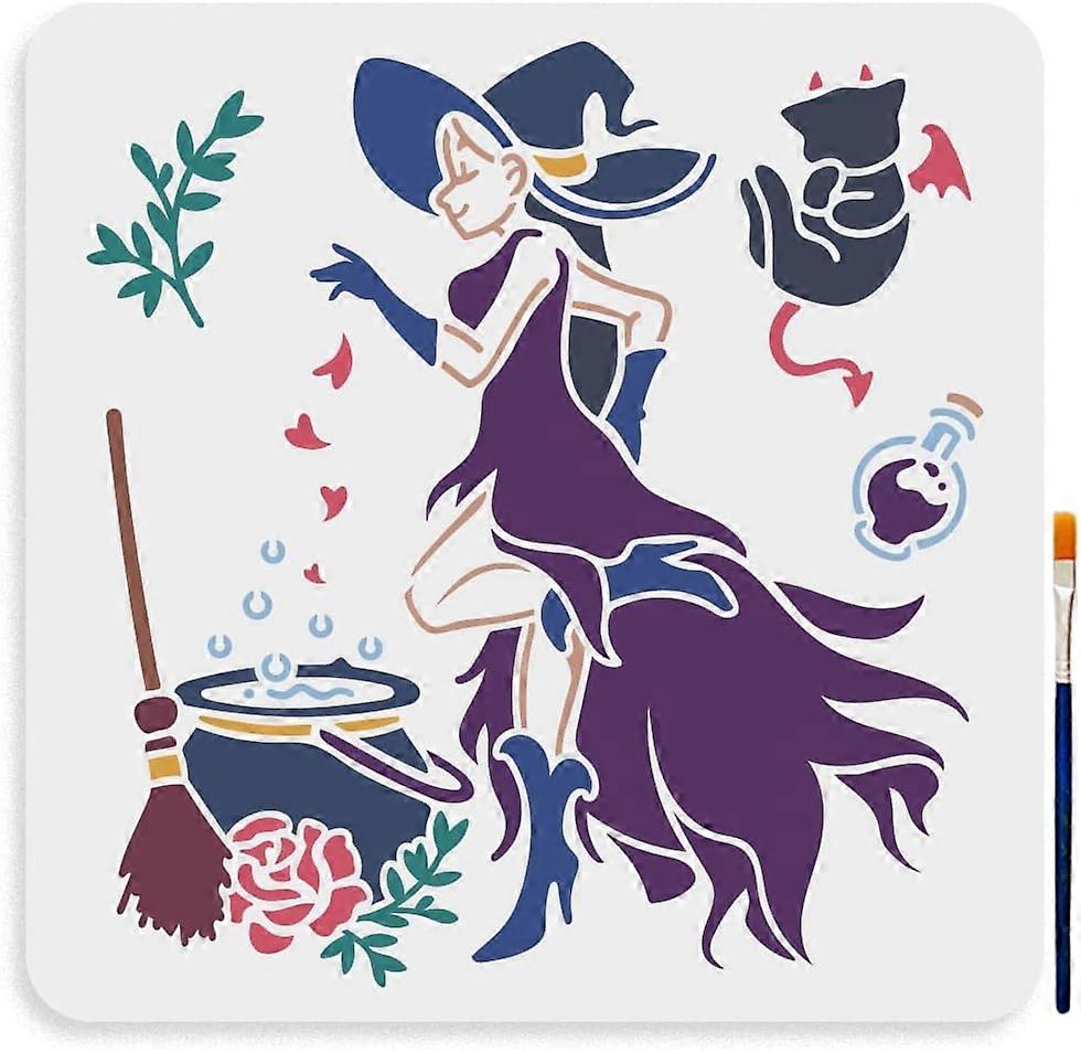 Witch Potion Stencil 11.811.8inch Large Magic Theme Template with Paint Brush Mysterious Potion Broom Roses Drawing Stencil for DIY Projects Crafts Fu