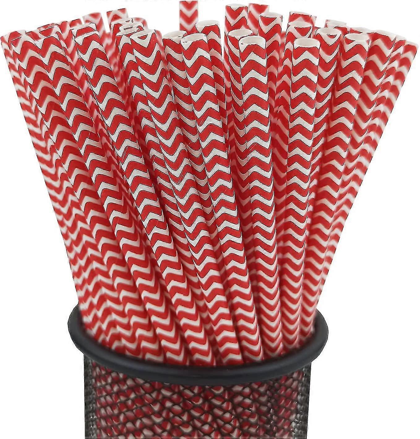Pack 100 Disposable Wave Striped Drinking Paper Straws(red)-CE