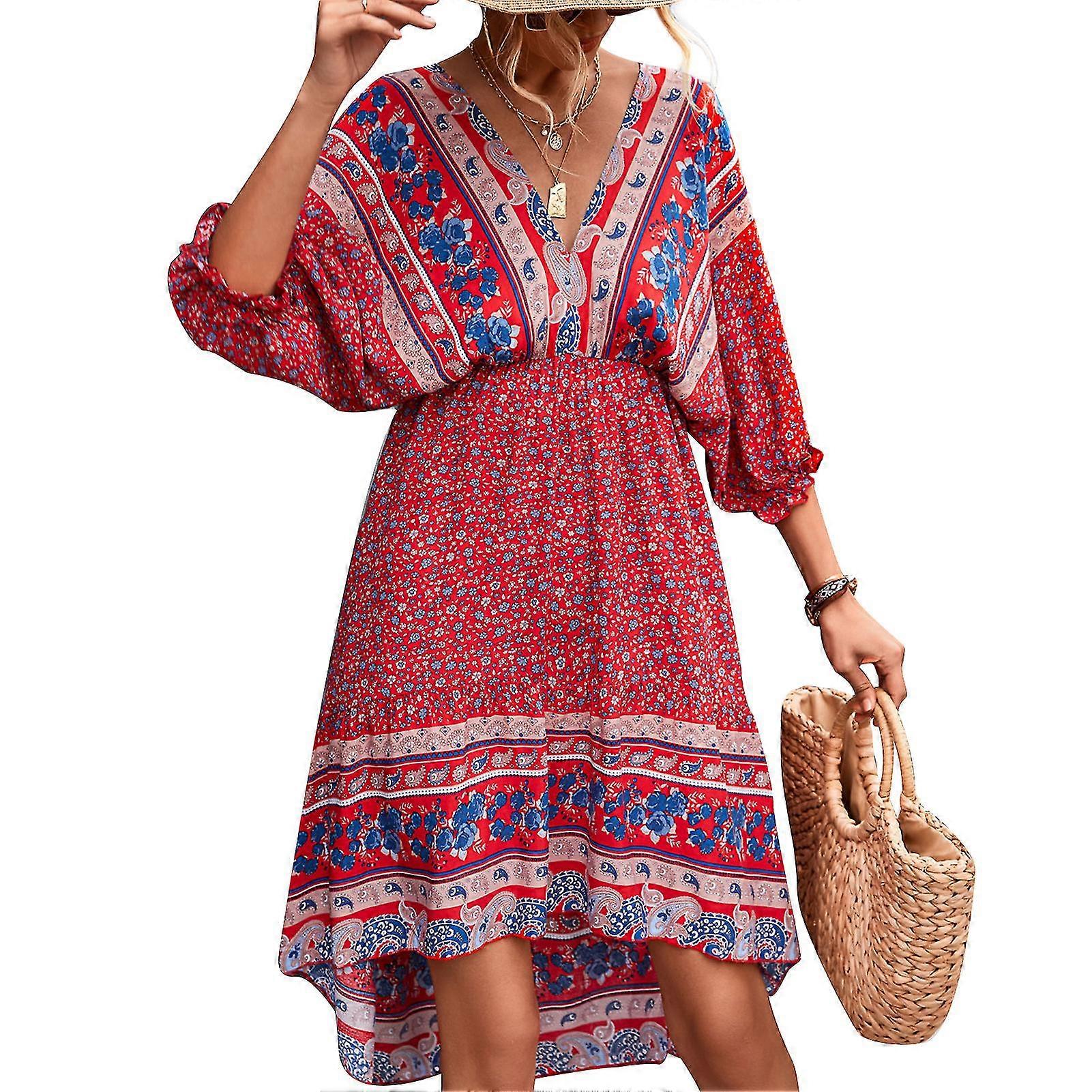 Elegant Floral Print V Neck Dress with Half Puff Sleeves and Backless Design (Red, XL)