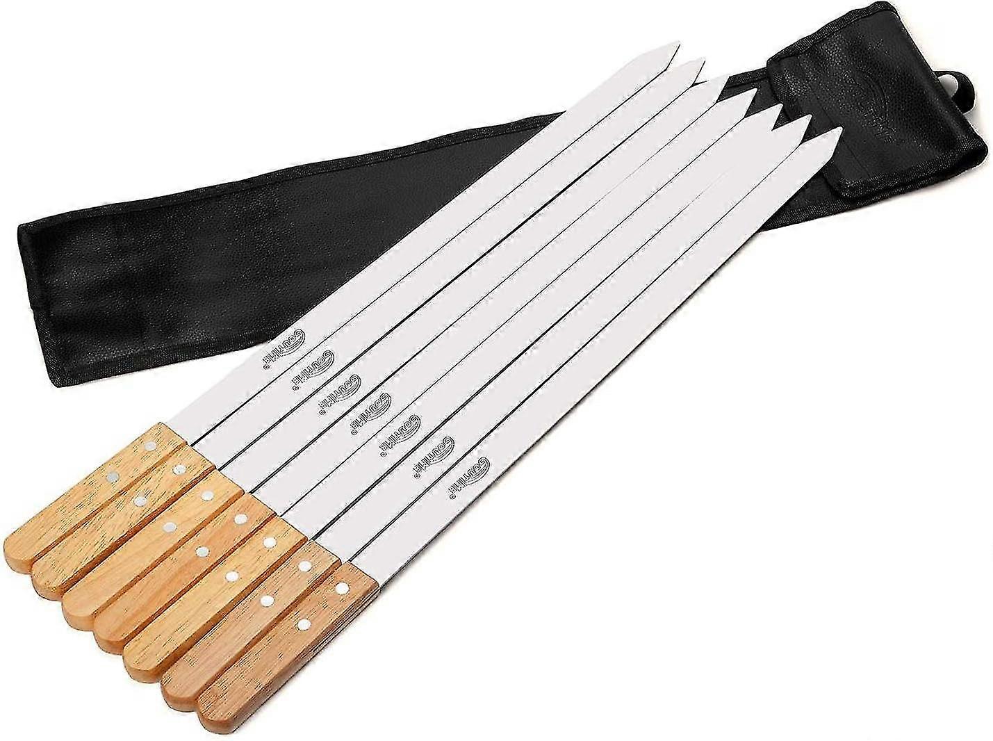 Bbq Skewers, Extra Long 60cm Stainless Steel Skewers With Solid Oak Handle, Set Of 7