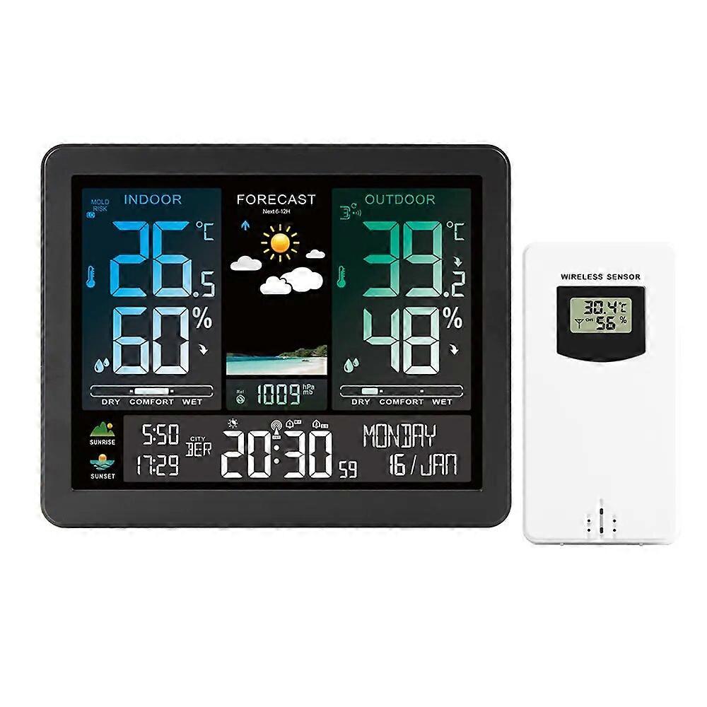 Digital Alarm Clock Weather Forecast Temperature Humidity Electronic Wall Table Watch Sunrise Sunset Time Wireless Sensor Decor
