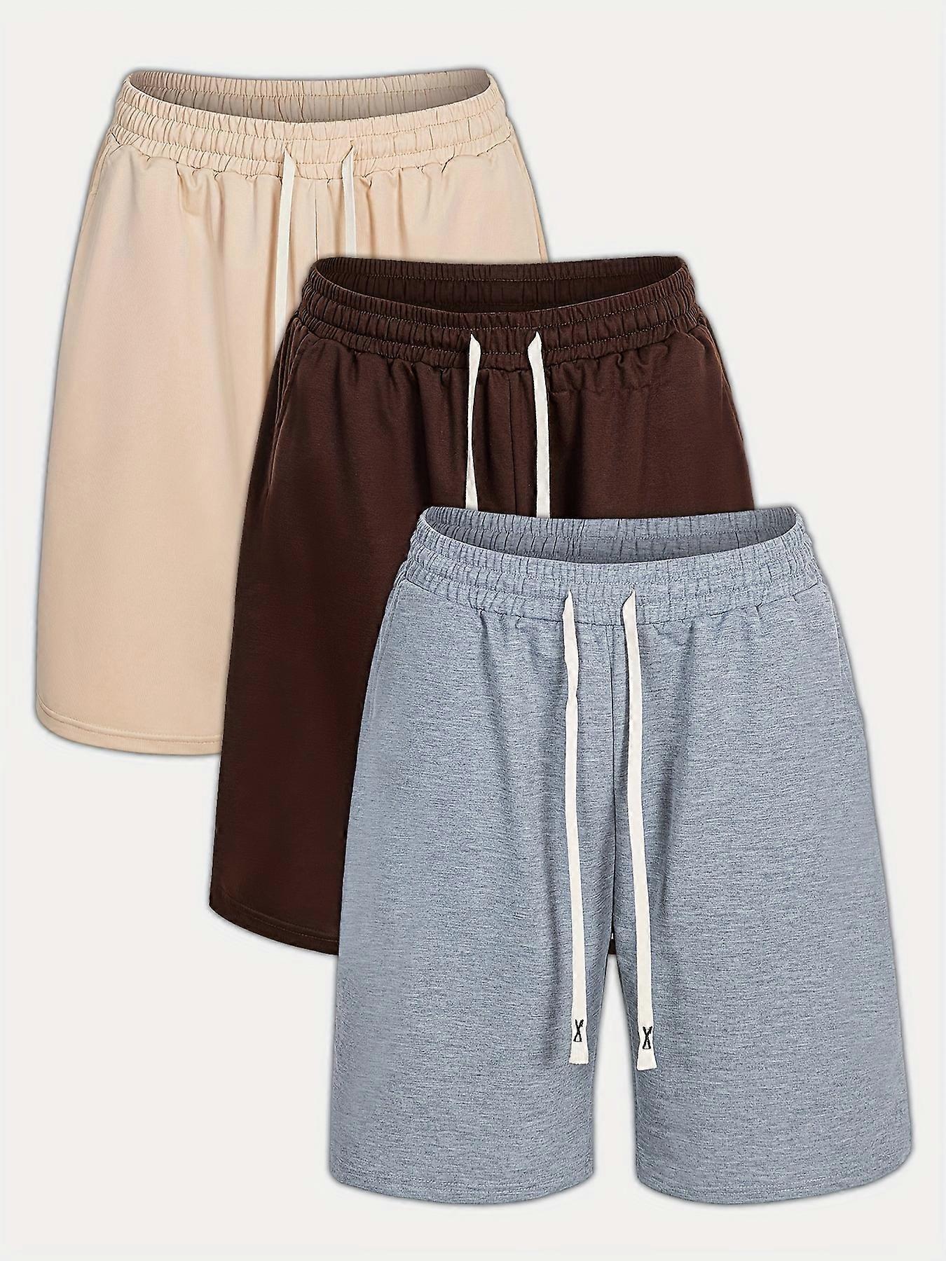 New style 3pcs Men's Solid Casual Comfy Shorts, Slightly Stretch Elastic Waist Drawstring Shorts For Summer Gym Workout Training