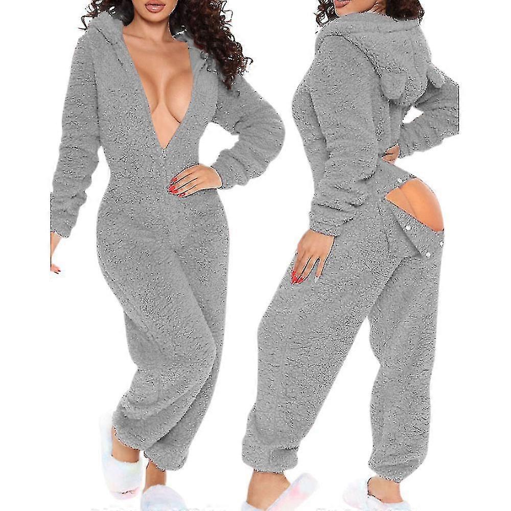 Onesie Pyjamas Lång Varm Borstad Body-m-grå