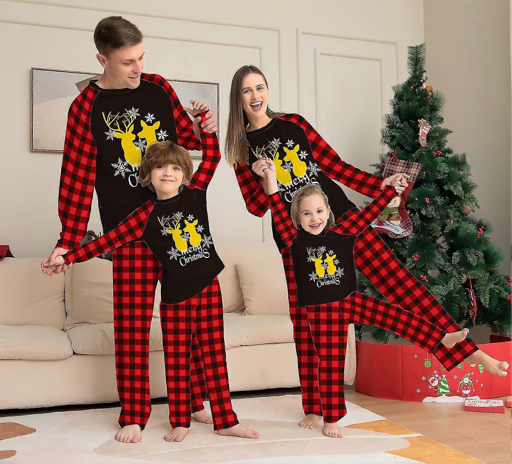 Kultainen peuraprintti Joulu Vanhempien ja lasten puku Pyöreä kaula Ruudullinen kevät ja syksy Halloween Kotivaatteet