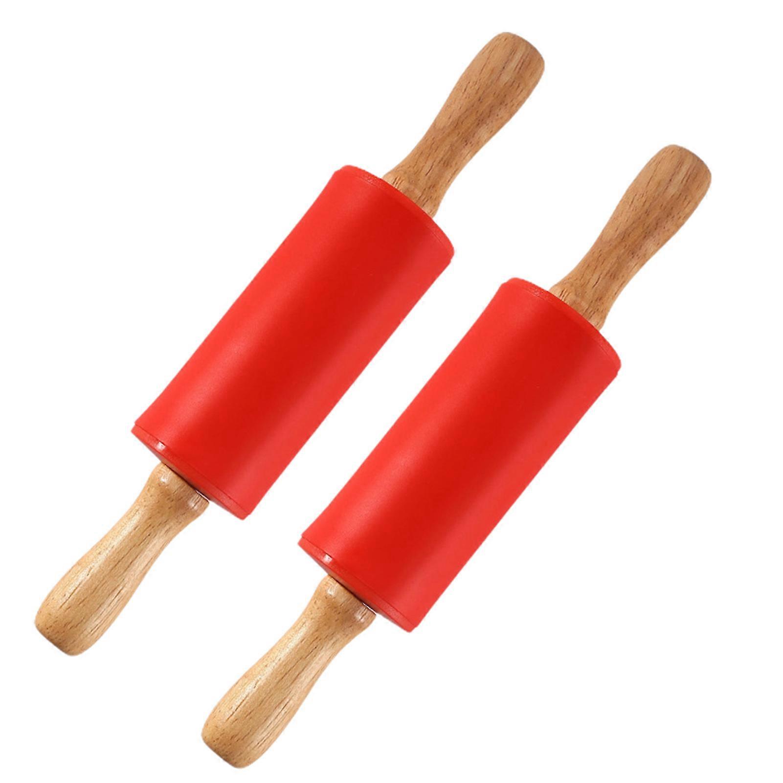 2 Pcs Small Rolling Pins Children DIY Baking Tool Food Grade Silicone Non-sticky Wooden Handle Smooth Edge Dumpling Dough Kis Rolling Pins Toy