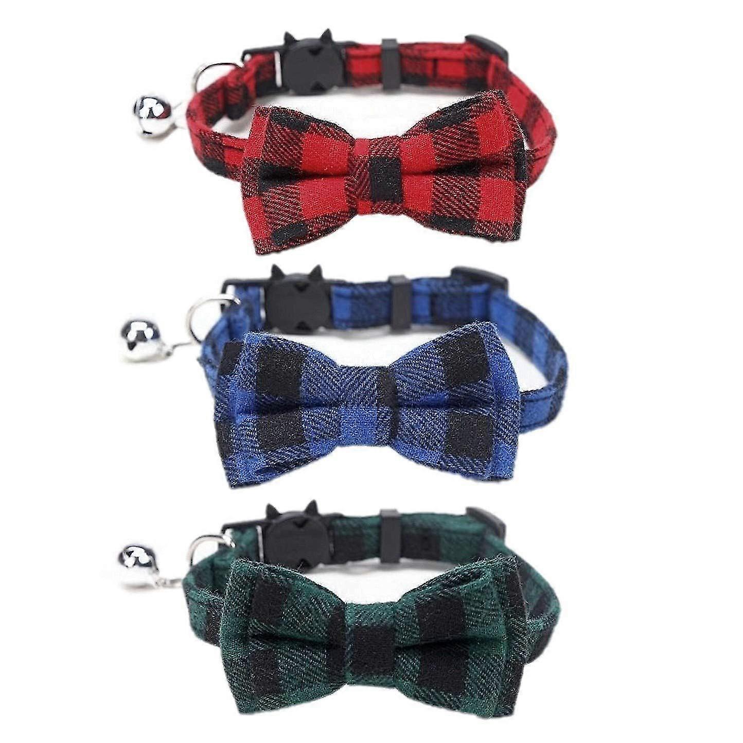 3 X Quick Release Cat Collar With Bell And Bow Tie, Plaid Cat Collar With Bow Removable, Breakaway Cat Collars With Bells