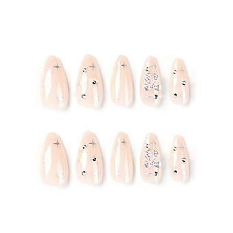 Uñas postizas largas de color rosa claro con estampado de estrella plateada Material seguro de larga duración Uñas postizas impermeables Modelo de pegamento de gelatina
