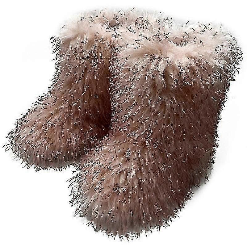 Boty z umělé kožešiny pro ženy Fuzzy Nadýchané chlupaté chlupaté boty s kulatou špičkou Semišové zimní boty Ploché boty-Yvan