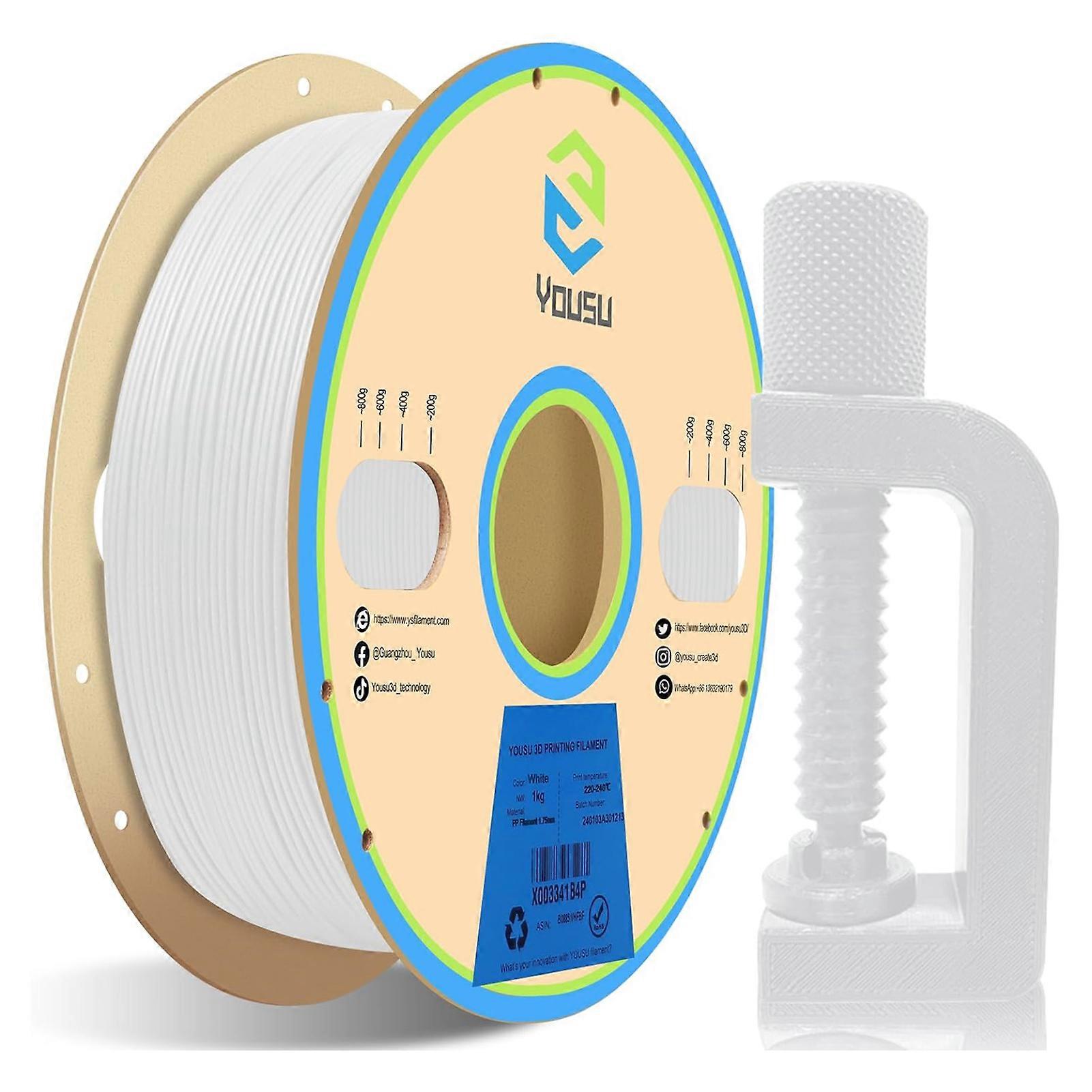 YOUSU Polypropylene PP Filament 1.75mm 3D Printer Filament for 3D Printing 1kg(2.2lbs) Ultra Tough and Chemical Resistance Spool Spool Compatible
