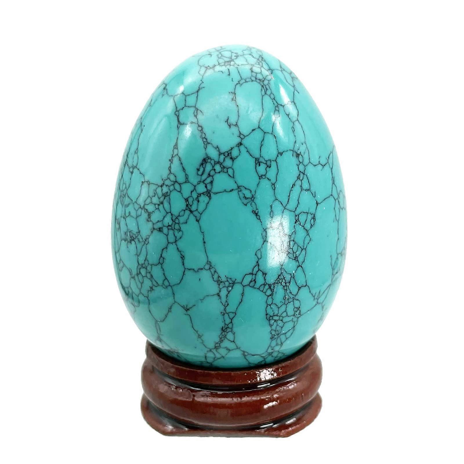 Stone Egg Sculpture, Polished Healing Crystal Egg Eggs Sphere Statue with Wooden Stand, Green Howlite Turquoise, 1.8 '