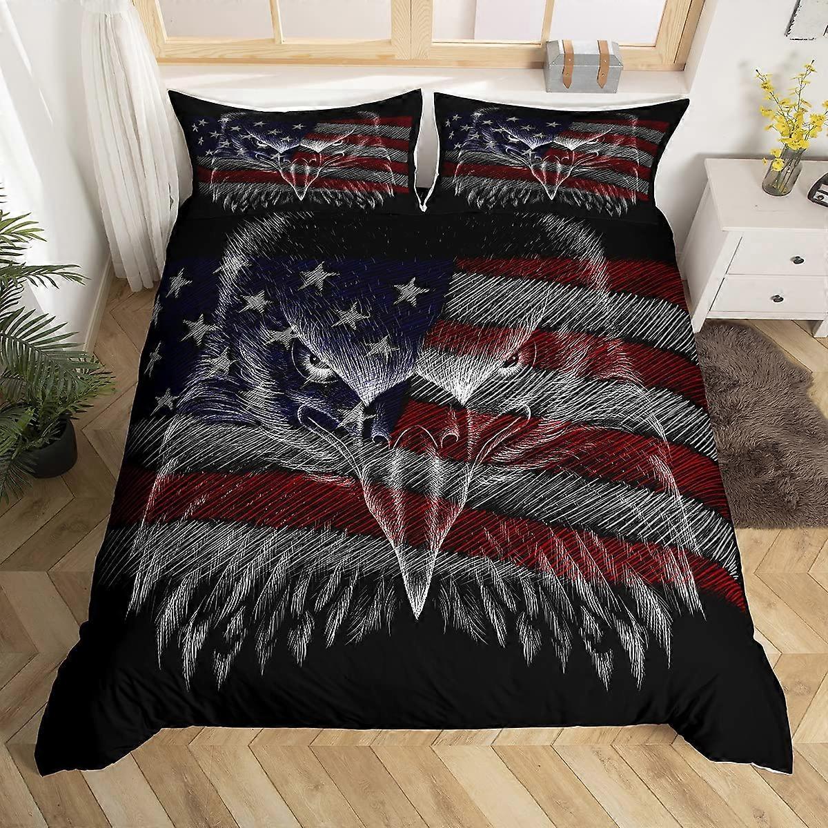 American Flag Dark Eagle Pattern Duvet Cover Set Full Size Black Bedding for Kids Teens Soft Quilt Cover with 2 Pillow Cases