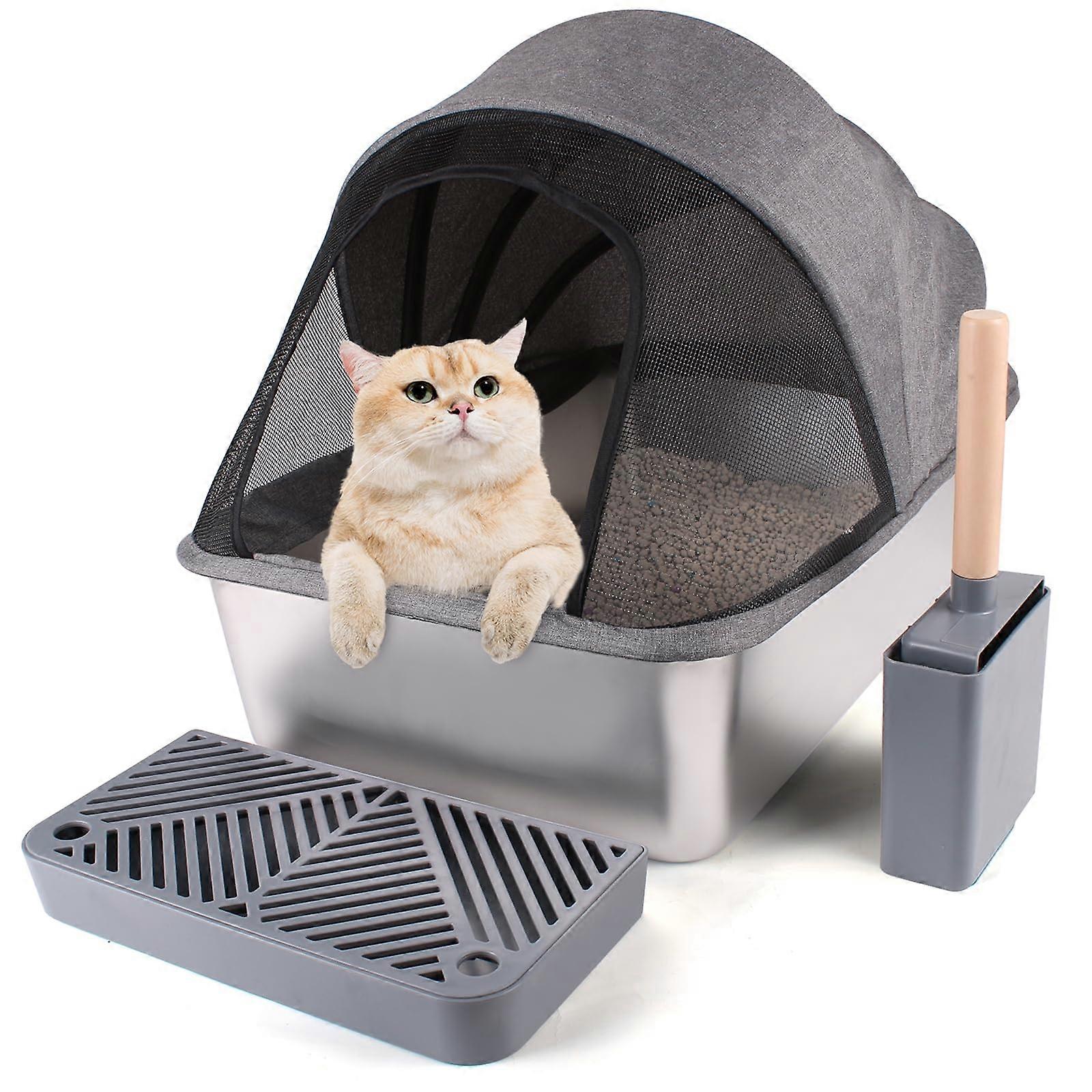 Stainless Steel XL Enclosed Cat Litter Box With Large Interior, Premium Covered Design, Leak-Proof, Includes Scoop