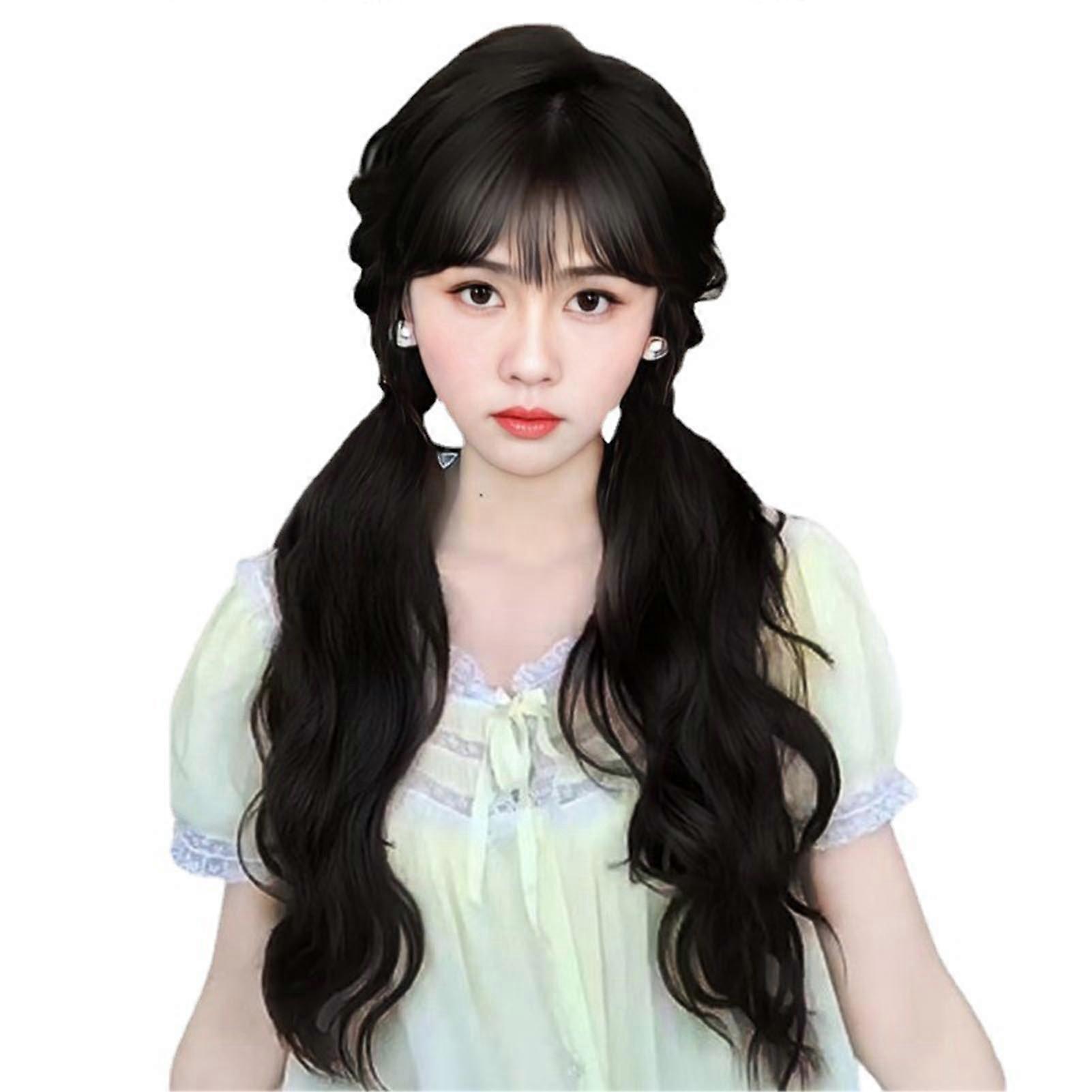 Long Slightly Curl Ponytail Realistic Super Light Black Fake Wig