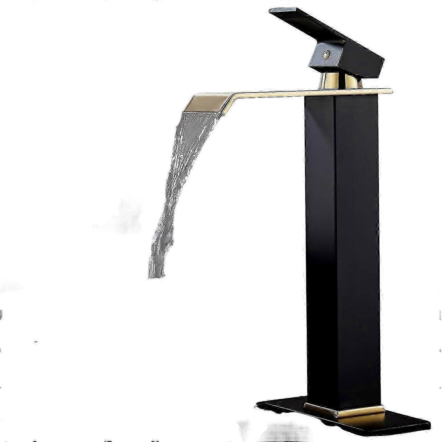Waterfall Tall Bathroom Faucet for 1 Hole, Black and Gold Single Handle Bathroom Faucet for Vessel Sink, Modern Vessel Sink Faucet with Metal Pop-up D