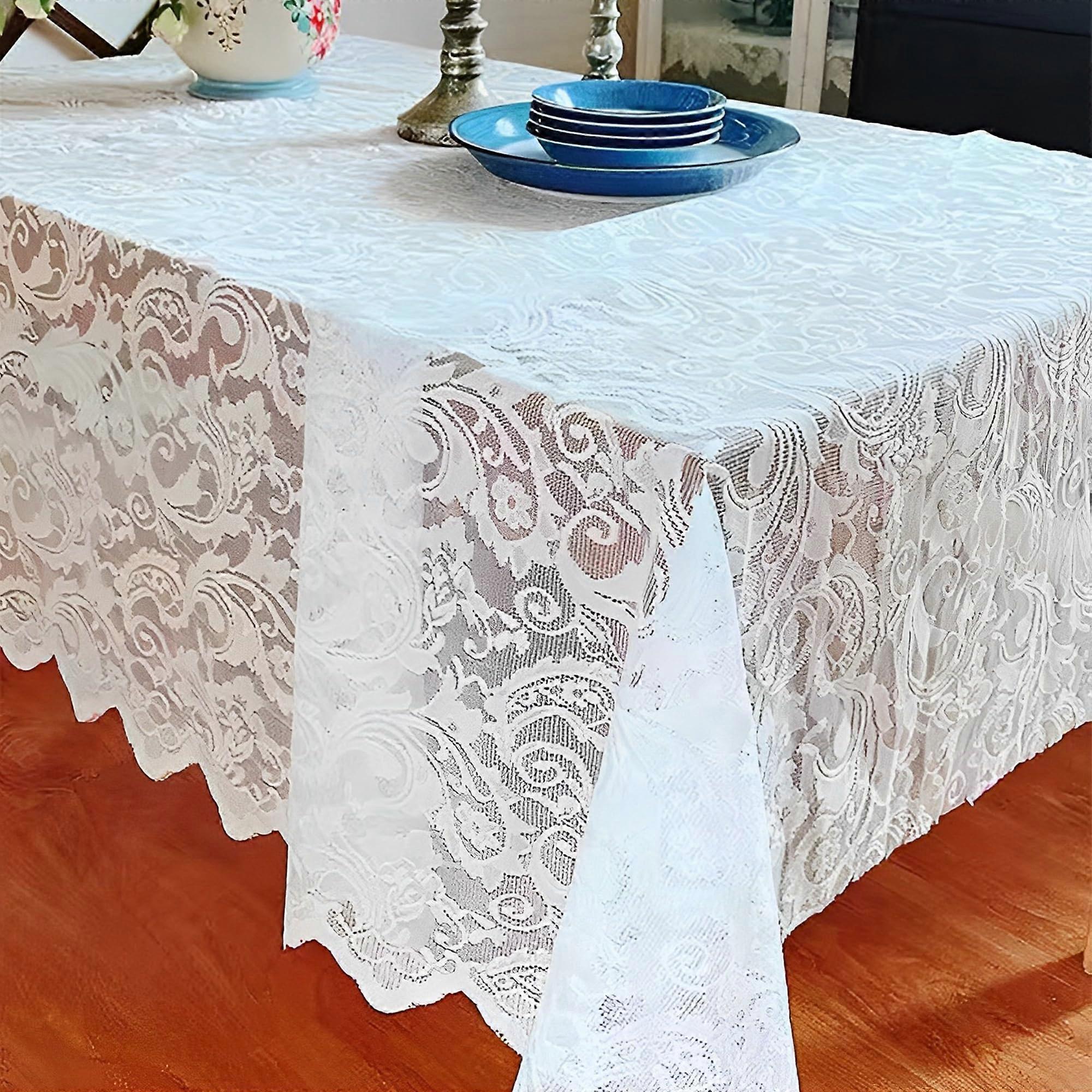 White Lace Tablecloth Rectangular Polyester Vintage Embroidered Lace Overlay 140 x 220 cm Wedding Reception Decor