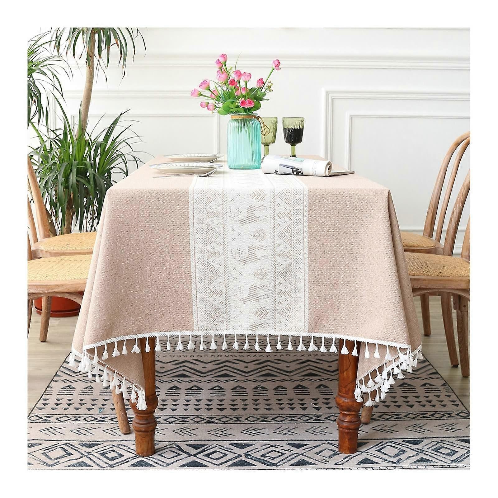 Rectangular tablecloth 140x180 cm, polyester washable with Christmas trees and deer pattern, light coffee color