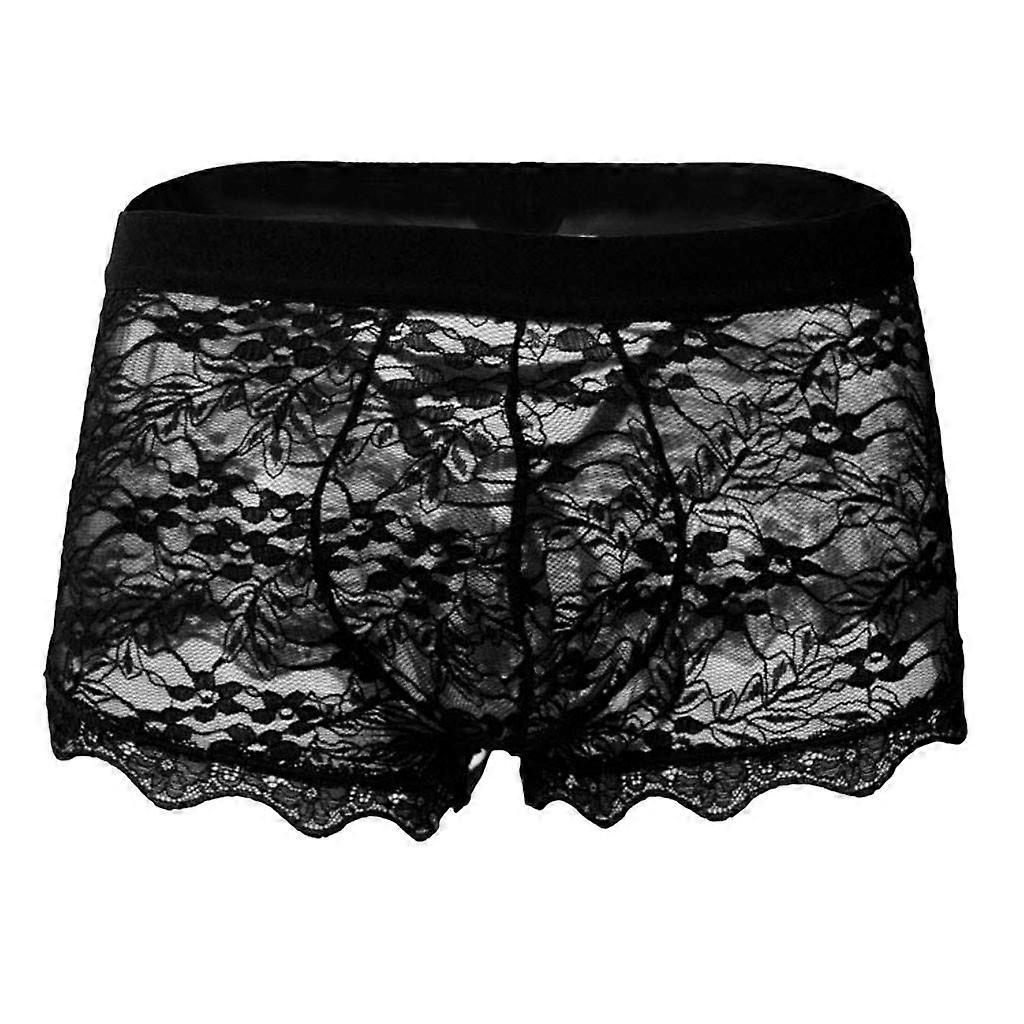 Men's Lace Boxer Shorts Sexy Mesh Underwear Floral Pattern Soft Breathable XL Black